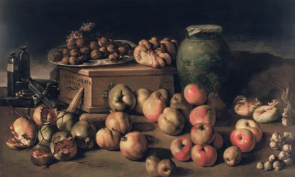 Nature morte avec fruits et boîte de chocolat fin